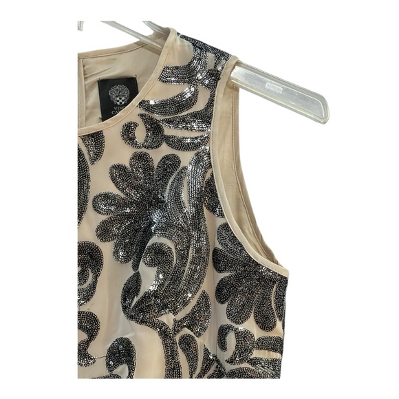 VINCE CAMUTO Silver & Pewter Sequin Swirls on Ivory Sleeveless Cocktail Dress 6 - Picture 15 of 16